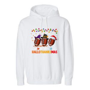 Happy Hallothanksmas Football Halloween Thanksgiving Xmas Garment-Dyed Fleece Hoodie