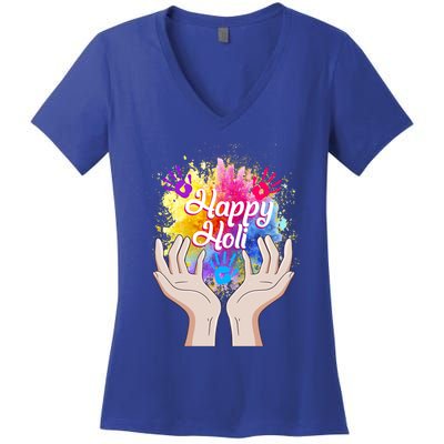 Happy Holi Festival Happy Holi Hands Tee Indian Gift Colors Meaningful Gift Women's V-Neck T-Shirt