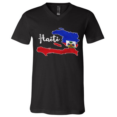 Happy Haitian Flag Day Cool Haiti Flag Map Haitian Pride V-Neck T-Shirt