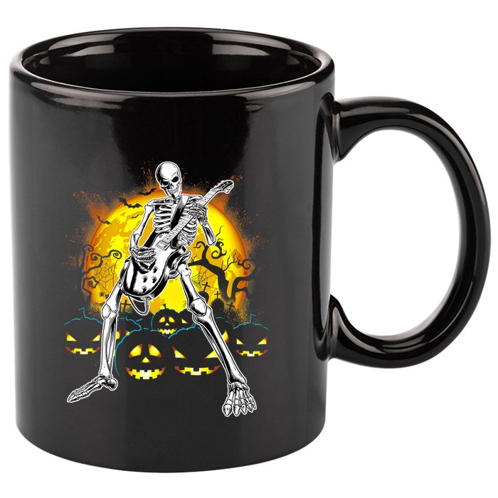 Happy Halloween Funny Skeleton Playing Guitar Pumpkin Vibes 11oz C Handle Ceramic Mug