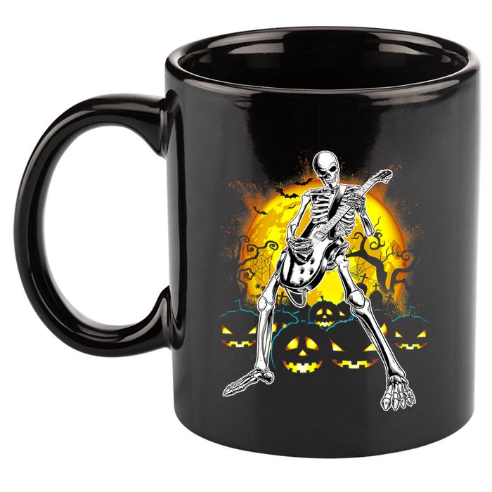 Happy Halloween Funny Skeleton Playing Guitar Pumpkin Vibes 11oz C Handle Ceramic Mug