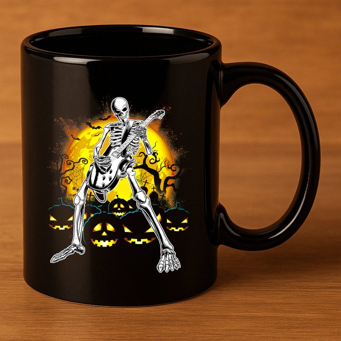 Happy Halloween Funny Skeleton Playing Guitar Pumpkin Vibes 11oz C Handle Ceramic Mug
