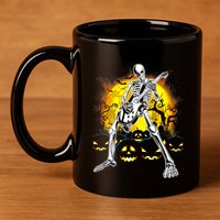 Happy Halloween Funny Skeleton Playing Guitar Pumpkin Vibes 11oz C Handle Ceramic Mug