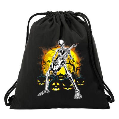 Happy Halloween Funny Skeleton Playing Guitar Pumpkin Vibes Drawstring Bag