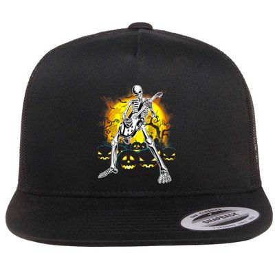Happy Halloween Funny Skeleton Playing Guitar Pumpkin Vibes Flatbill Hat