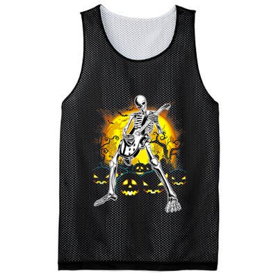 Happy Halloween Funny Skeleton Playing Guitar Pumpkin Vibes Mesh Reversible Basketball Jersey Tank