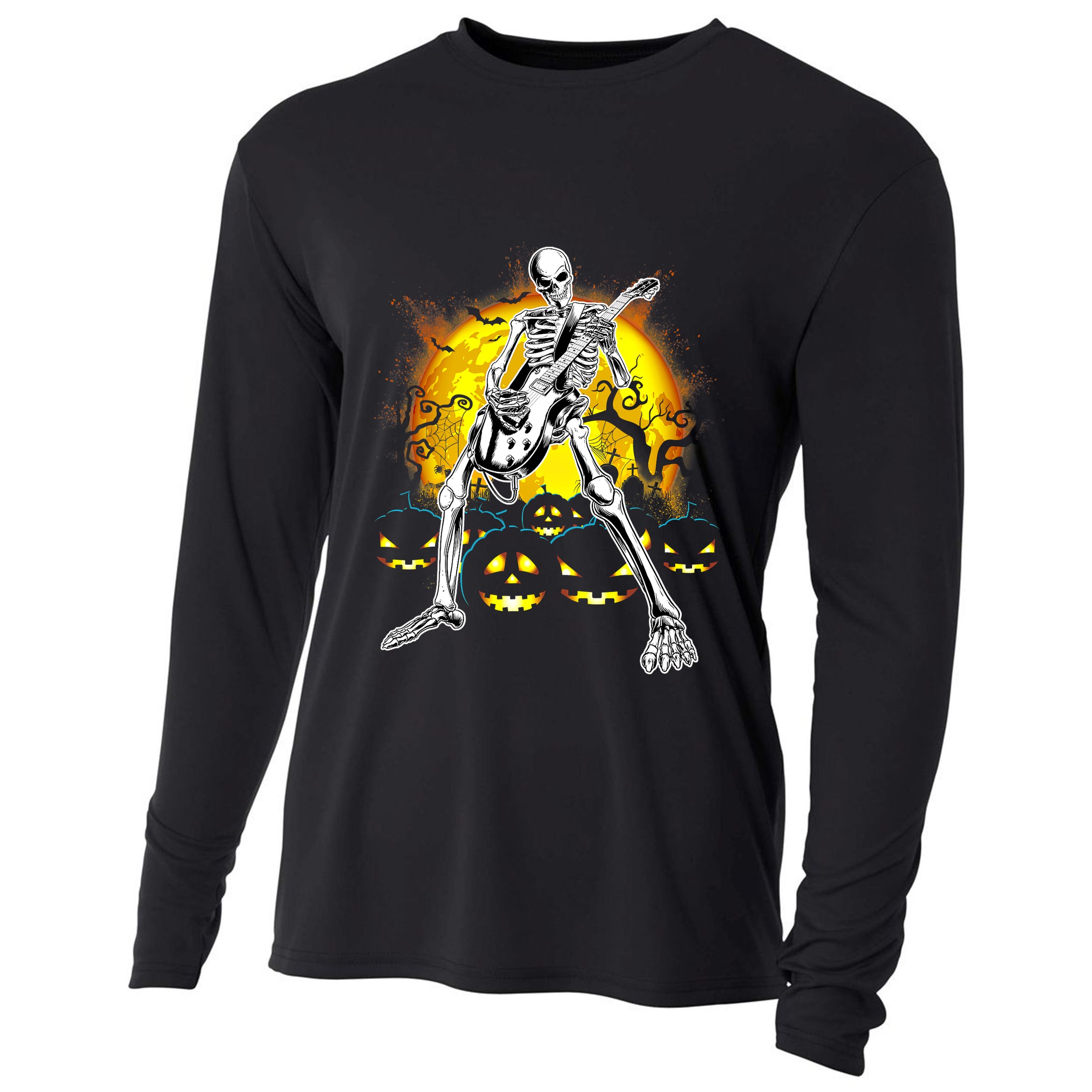 Happy Halloween Funny Skeleton Playing Guitar Pumpkin Vibes Cooling Performance Long Sleeve Crew