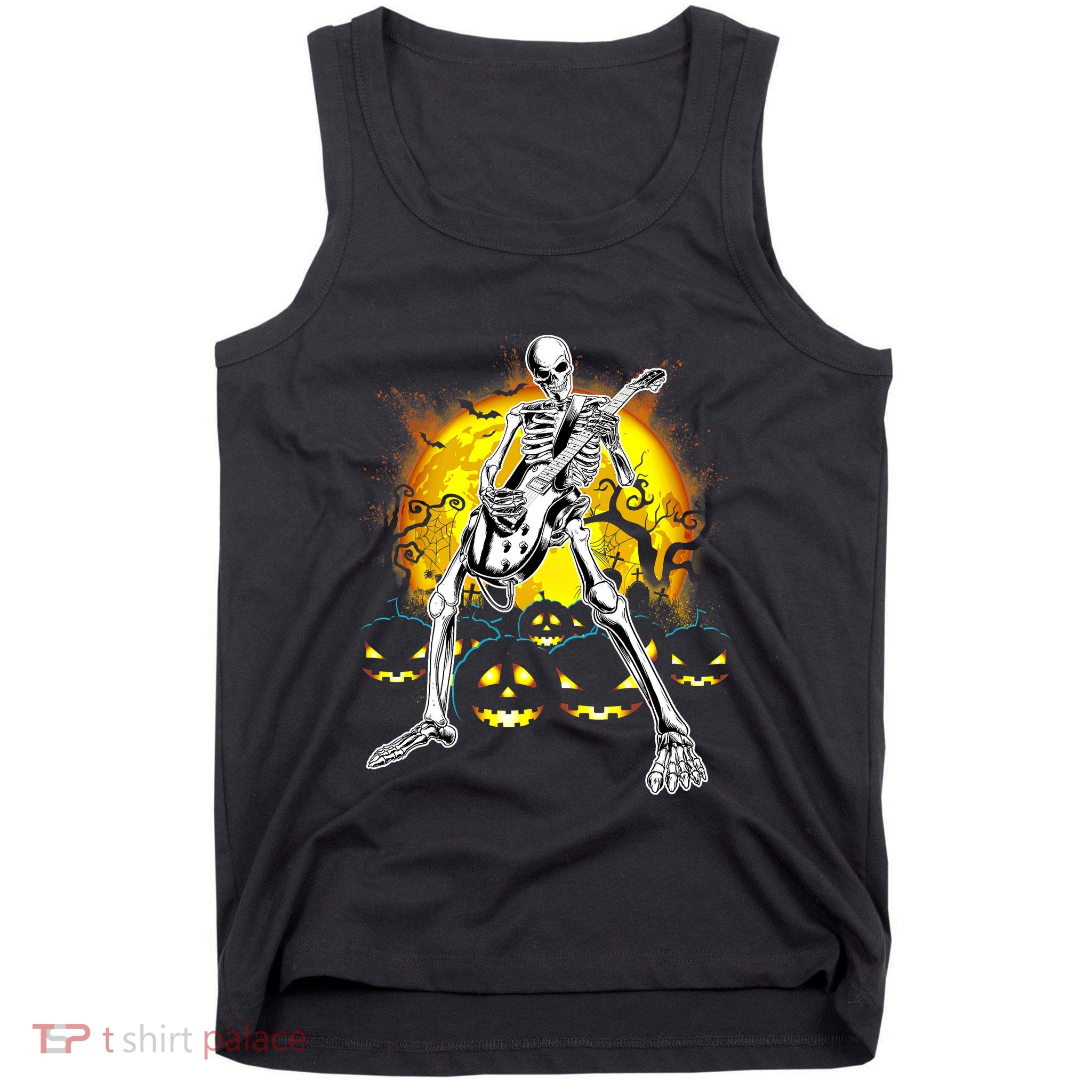 Happy Halloween Funny Skeleton Playing Guitar Pumpkin Vibes Tank Top
