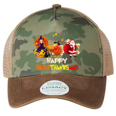 Happy Hallothanksmas Funny Halloween Thanksgiving Christmas Legacy Tie Dye Trucker Hat