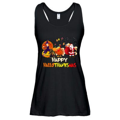 Happy Hallothanksmas Funny Halloween Thanksgiving Christmas Ladies Essential Flowy Tank