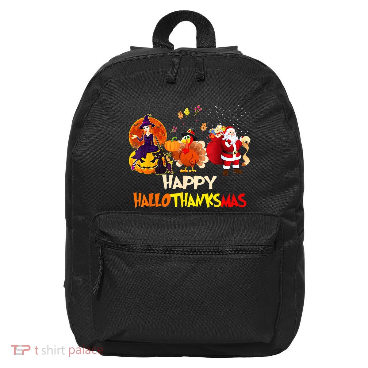 Happy Hallothanksmas Funny Halloween Thanksgiving Christmas 16 in Basic Backpack
