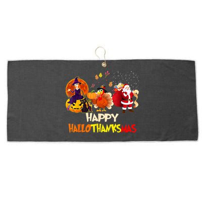 Happy Hallothanksmas Funny Halloween Thanksgiving Christmas Large Microfiber Waffle Golf Towel