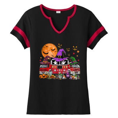 Happy Halloween Firefighter Pumpkin Fire Truck Witch Ghost Ladies Halftime Notch Neck Tee