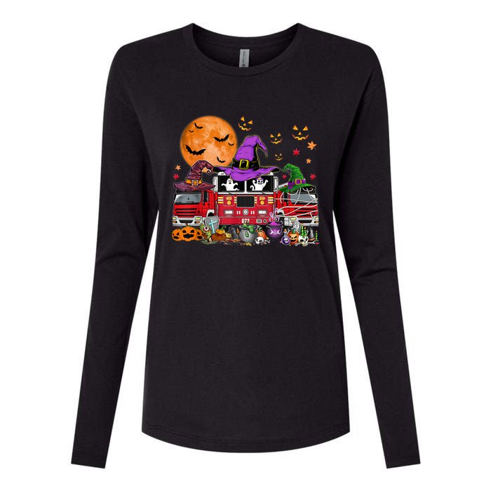 Happy Halloween Firefighter Pumpkin Fire Truck Witch Ghost Womens Cotton Relaxed Long Sleeve T-Shirt