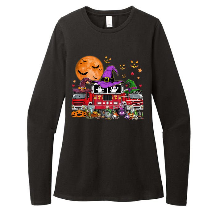 Happy Halloween Firefighter Pumpkin Fire Truck Witch Ghost Womens CVC Long Sleeve Shirt