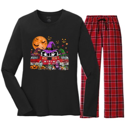 Happy Halloween Firefighter Pumpkin Fire Truck Witch Ghost Women's Long Sleeve Flannel Pajama Set 