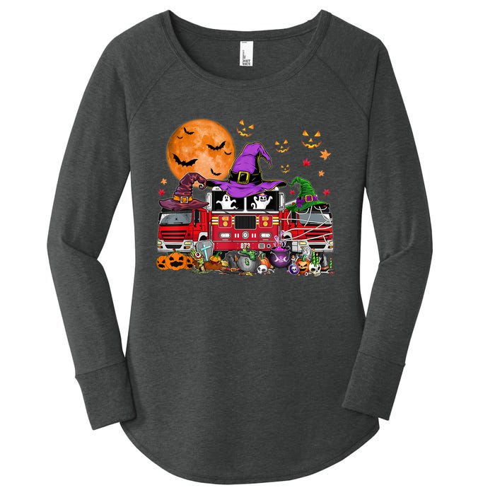 Happy Halloween Firefighter Pumpkin Fire Truck Witch Ghost Women's Perfect Tri Tunic Long Sleeve Shirt