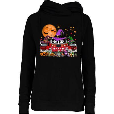 Happy Halloween Firefighter Pumpkin Fire Truck Witch Ghost Womens Funnel Neck Pullover Hood