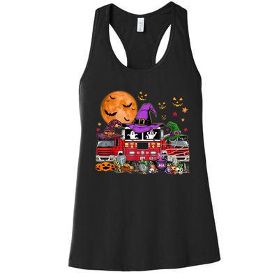 Happy Halloween Firefighter Pumpkin Fire Truck Witch Ghost Women's Racerback Tank