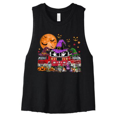 Happy Halloween Firefighter Pumpkin Fire Truck Witch Ghost Women's Racerback Cropped Tank