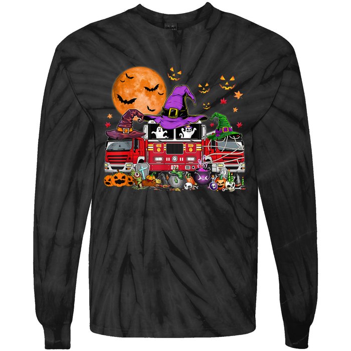 Happy Halloween Firefighter Pumpkin Fire Truck Witch Ghost Tie-Dye Long Sleeve Shirt