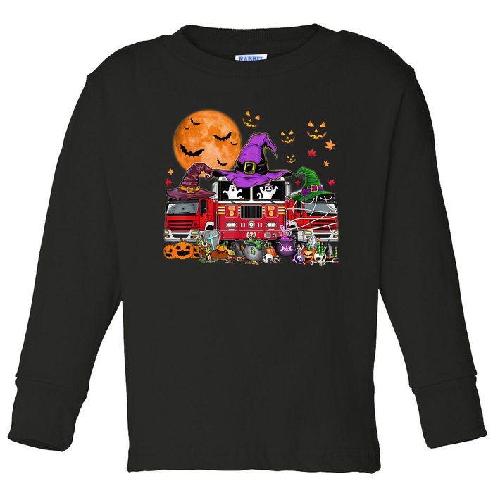 Happy Halloween Firefighter Pumpkin Fire Truck Witch Ghost Toddler Long Sleeve Shirt