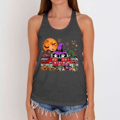 Happy Halloween Firefighter Pumpkin Fire Truck Witch Ghost Women's Knotted Racerback Tank