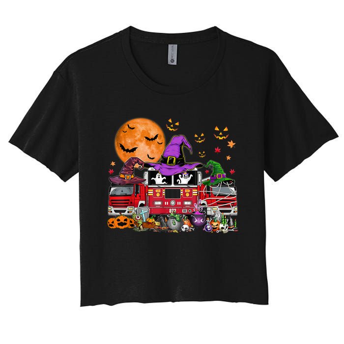 Happy Halloween Firefighter Pumpkin Fire Truck Witch Ghost Women's Crop Top Tee