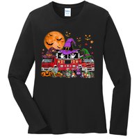 Happy Halloween Firefighter Pumpkin Fire Truck Witch Ghost Ladies Long Sleeve Shirt