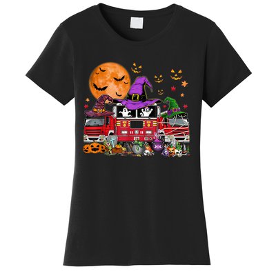 Happy Halloween Firefighter Pumpkin Fire Truck Witch Ghost Women's T-Shirt