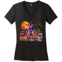 Happy Halloween Firefighter Pumpkin Fire Truck Witch Ghost Women's V-Neck T-Shirt