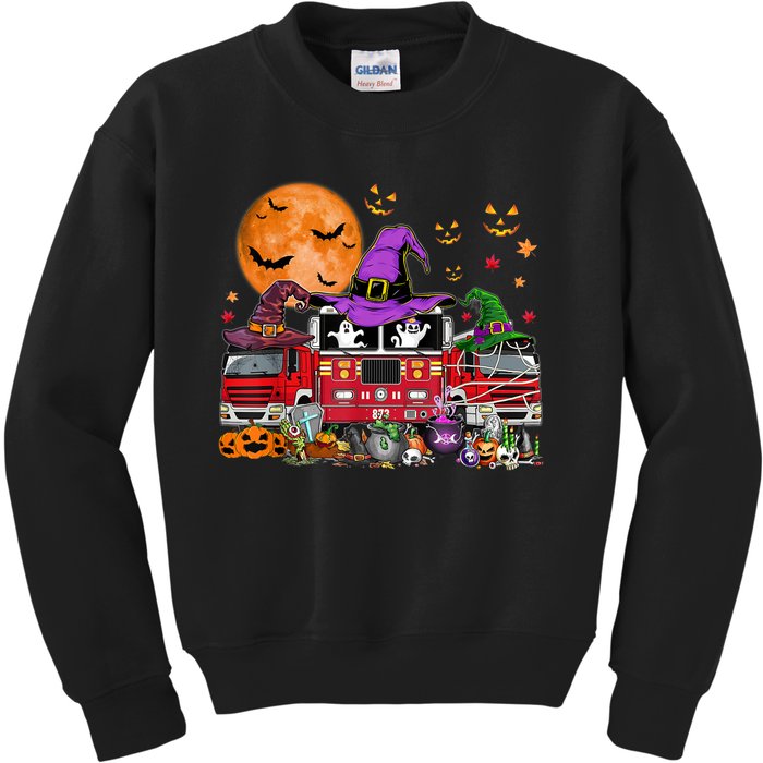 Happy Halloween Firefighter Pumpkin Fire Truck Witch Ghost Kids Sweatshirt