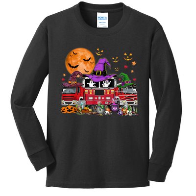 Happy Halloween Firefighter Pumpkin Fire Truck Witch Ghost Kids Long Sleeve Shirt