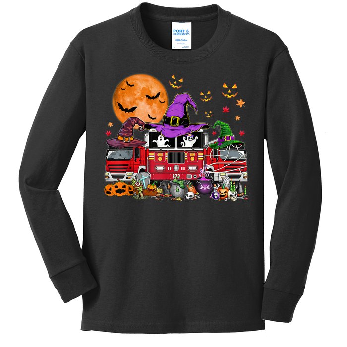 Happy Halloween Firefighter Pumpkin Fire Truck Witch Ghost Kids Long Sleeve Shirt