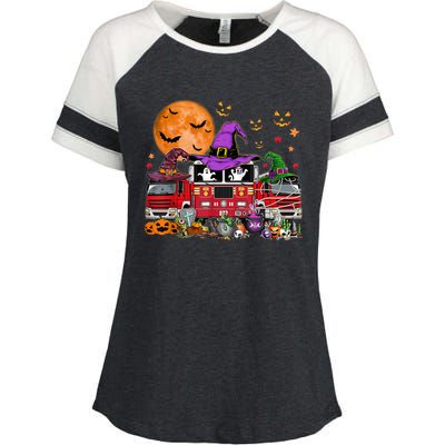 Happy Halloween Firefighter Pumpkin Fire Truck Witch Ghost Enza Ladies Jersey Colorblock Tee