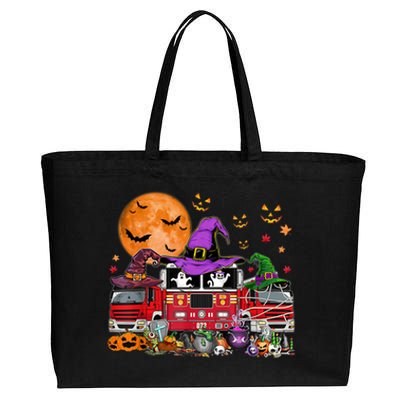 Happy Halloween Firefighter Pumpkin Fire Truck Witch Ghost Cotton Canvas Jumbo Tote