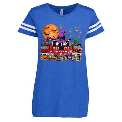 Happy Halloween Firefighter Pumpkin Fire Truck Witch Ghost Enza Ladies Jersey Football T-Shirt