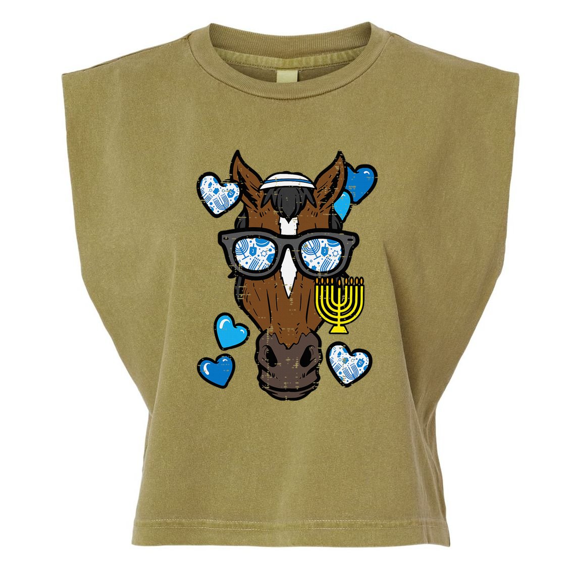 Hanukkah Horse Face Menorah Chanukah Jewish Garment-Dyed Women's Muscle Tee