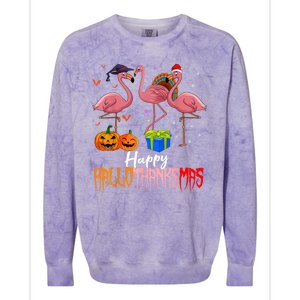 Happy Hallothanksmas Flamingo Halloween Thanksgiving Xmas Colorblast Crewneck Sweatshirt