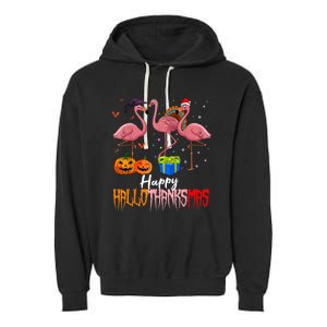 Happy Hallothanksmas Flamingo Halloween Thanksgiving Xmas Garment-Dyed Fleece Hoodie