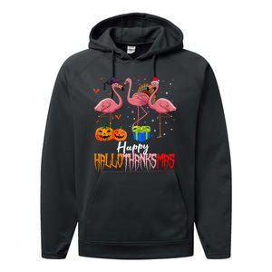 Happy Hallothanksmas Flamingo Halloween Thanksgiving Xmas Performance Fleece Hoodie