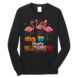 Happy Hallothanksmas Flamingo Halloween Thanksgiving Xmas Long Sleeve Shirt