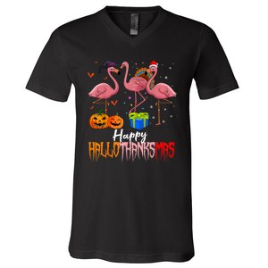 Happy Hallothanksmas Flamingo Halloween Thanksgiving Xmas V-Neck T-Shirt