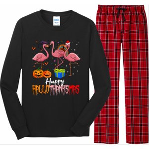 Happy Hallothanksmas Flamingo Halloween Thanksgiving Xmas Long Sleeve Pajama Set