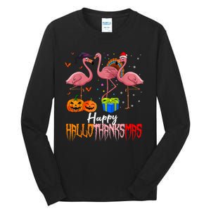 Happy Hallothanksmas Flamingo Halloween Thanksgiving Xmas Tall Long Sleeve T-Shirt