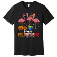 Happy Hallothanksmas Flamingo Halloween Thanksgiving Xmas Premium T-Shirt