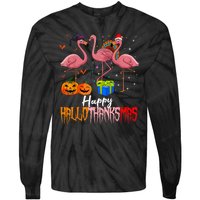 Happy Hallothanksmas Flamingo Halloween Thanksgiving Xmas Tie-Dye Long Sleeve Shirt