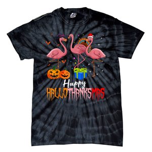 Happy Hallothanksmas Flamingo Halloween Thanksgiving Xmas Tie-Dye T-Shirt