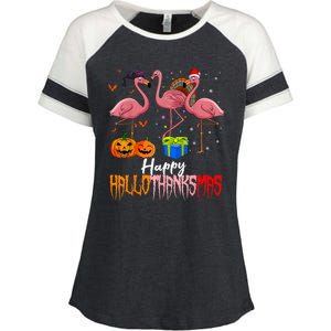 Happy Hallothanksmas Flamingo Halloween Thanksgiving Xmas Enza Ladies Jersey Colorblock Tee