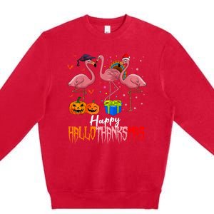 Happy Hallothanksmas Flamingo Halloween Thanksgiving Xmas Premium Crewneck Sweatshirt